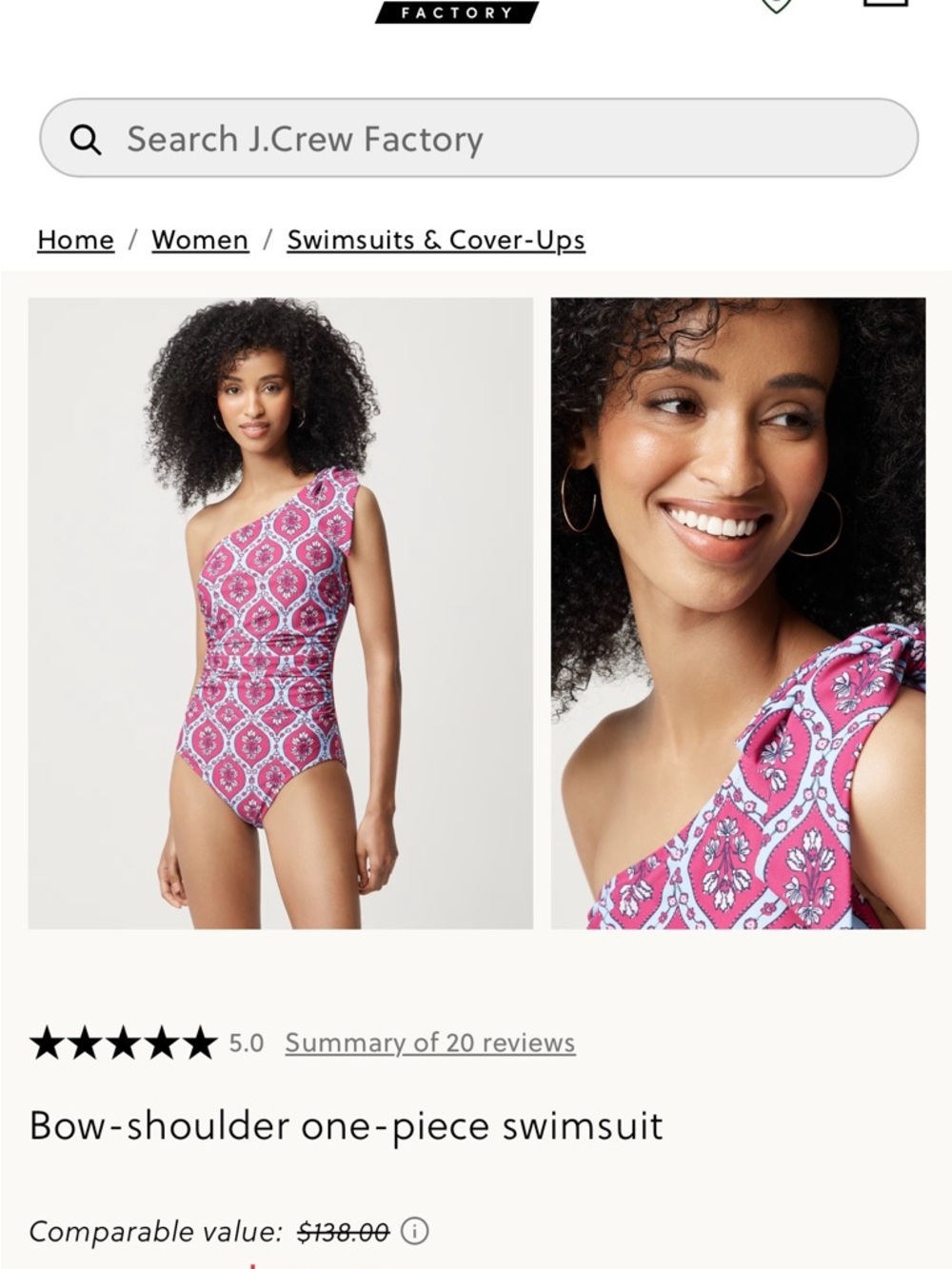 J. Crew Factory Pink One-Shoulder Bow-Sleeve One-Piece Swimsuit